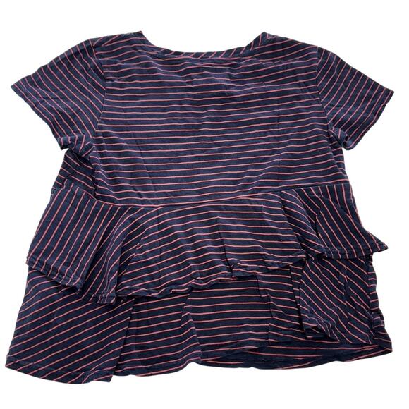 J by Anthropologie Shirt Womens Medium Navy Stripe Peplum Ruffle Short Sleeve - Picture 2 of 8